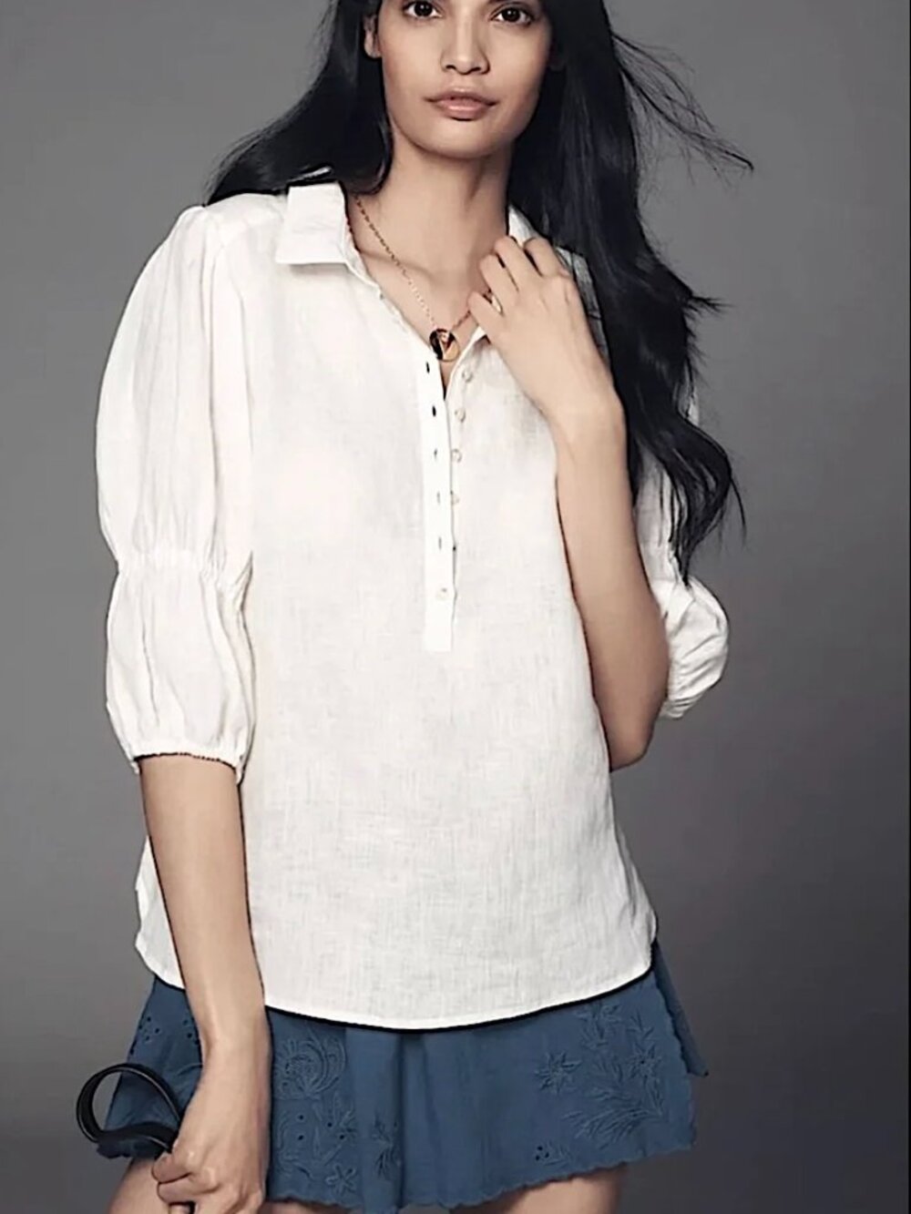 ANTHROPOLOGIE Pilcro Tallulah Double Puff Sleeve Linen Blouse XS White - Picture 6 of 14